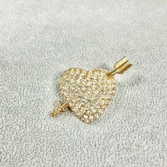 Vintage Signed Swarovski Gold Plated Pave Heart & Arrow Brooch Pin - Picture 2 of 3